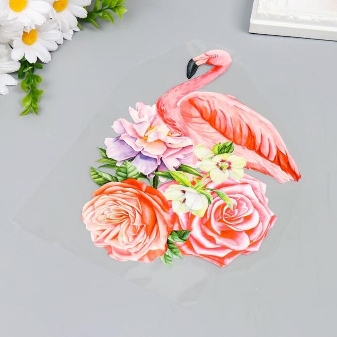 Термонаклейка "Розовый фламинго в цветах" 23х16 см