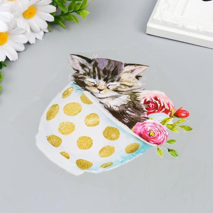 Термонаклейка "Котёнок в кружке с цветами" 16,7х15 см